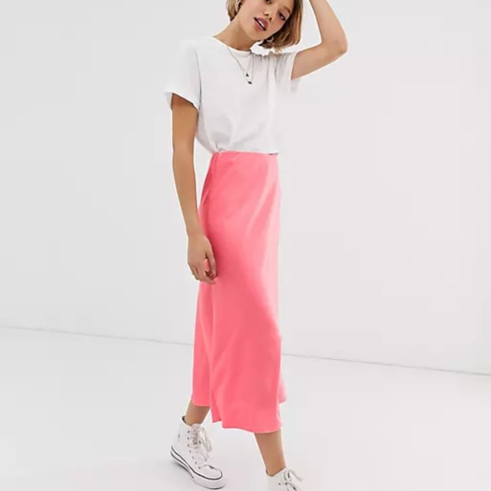 New Look Pink Midi Satin Slip Skirt
